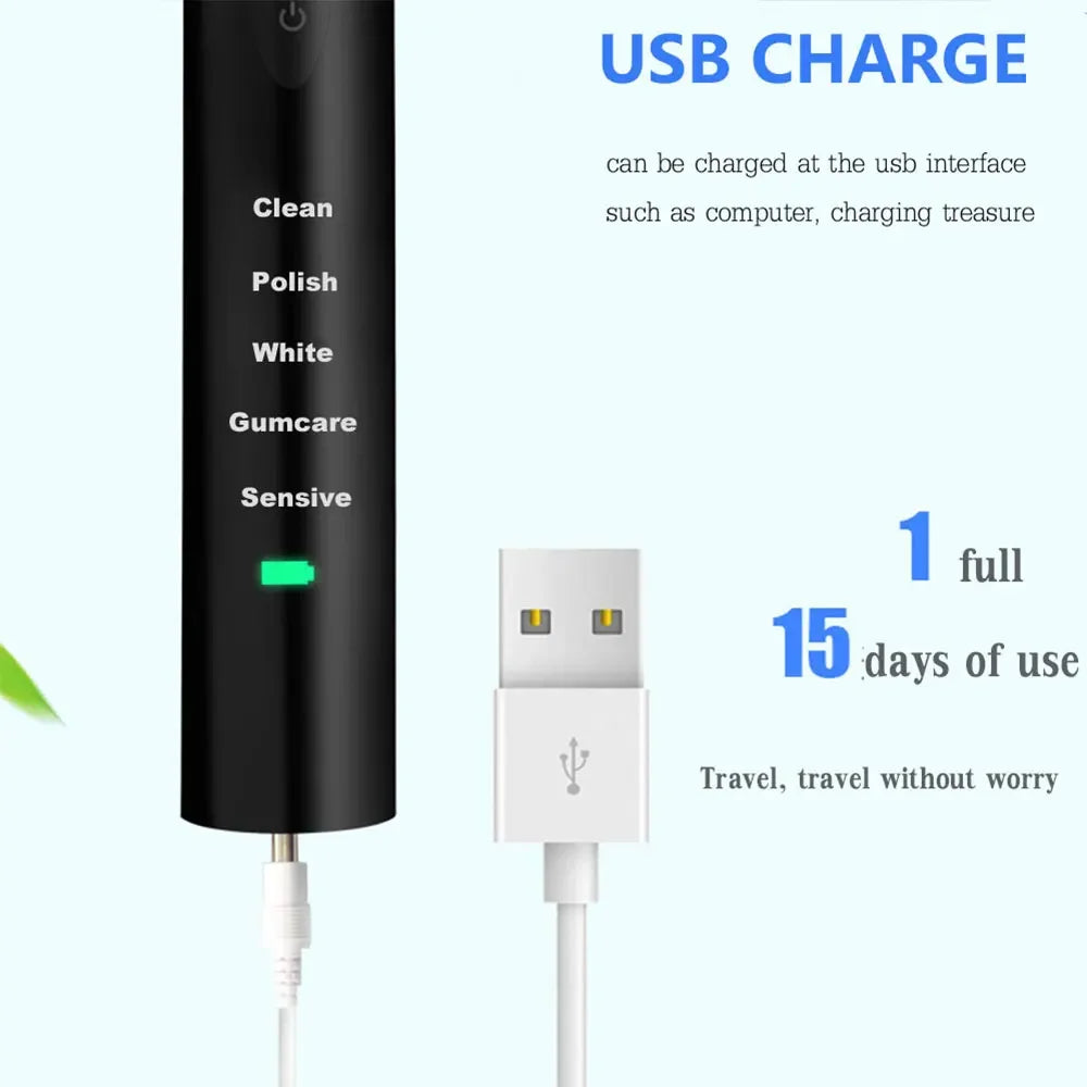 Powerful Ultrasonic Sonic Electric Toothbrush USB Charge Rechargeable