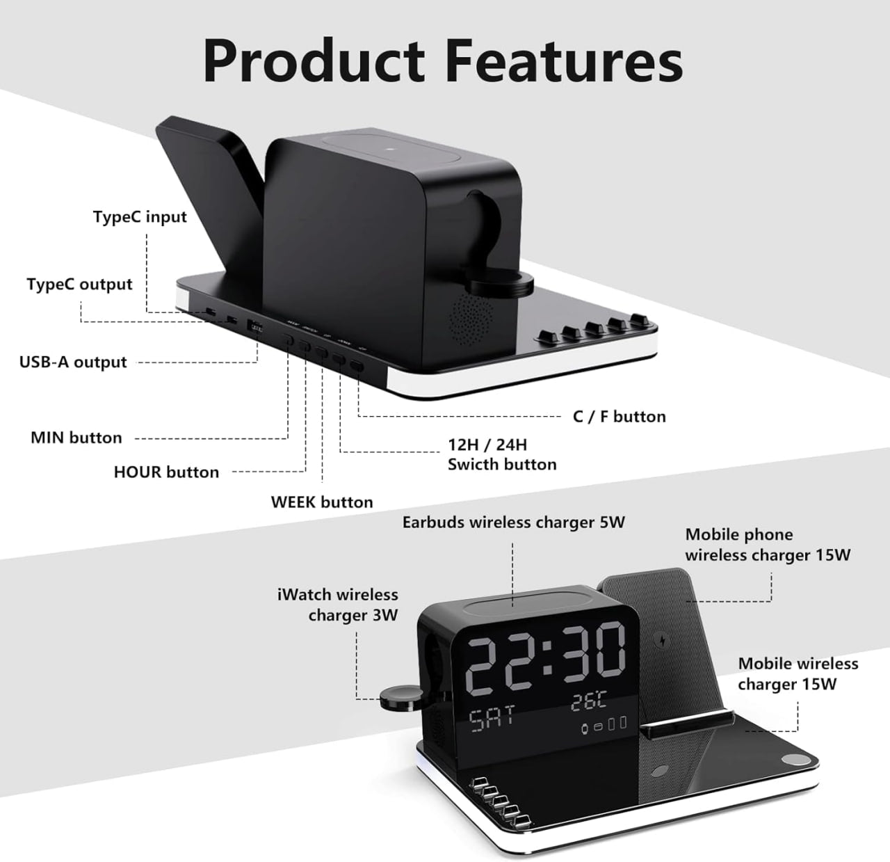 7-in-1 Wireless Charging Station with Clock and Night Light