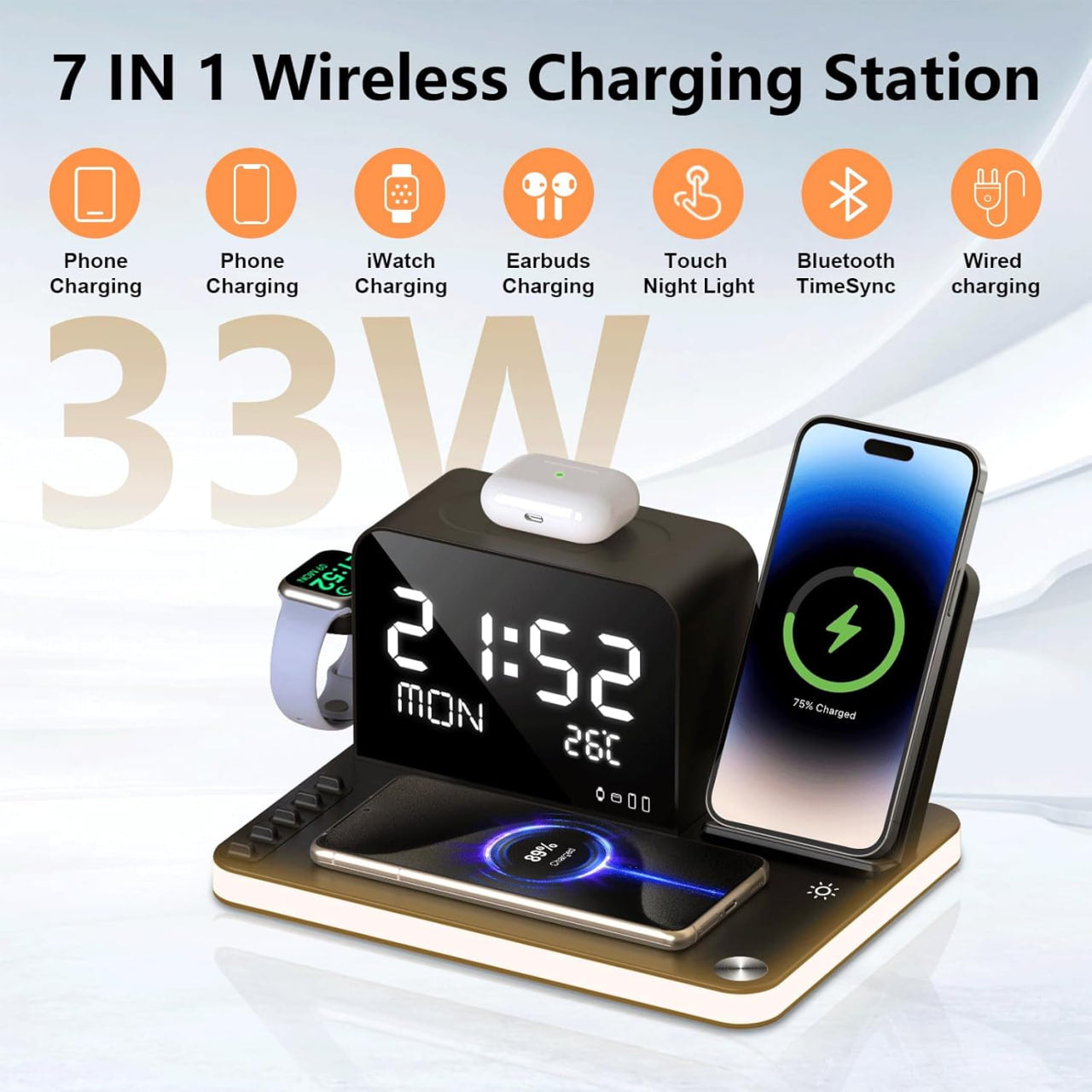 7-in-1 Wireless Charging Station with Clock and Night Light