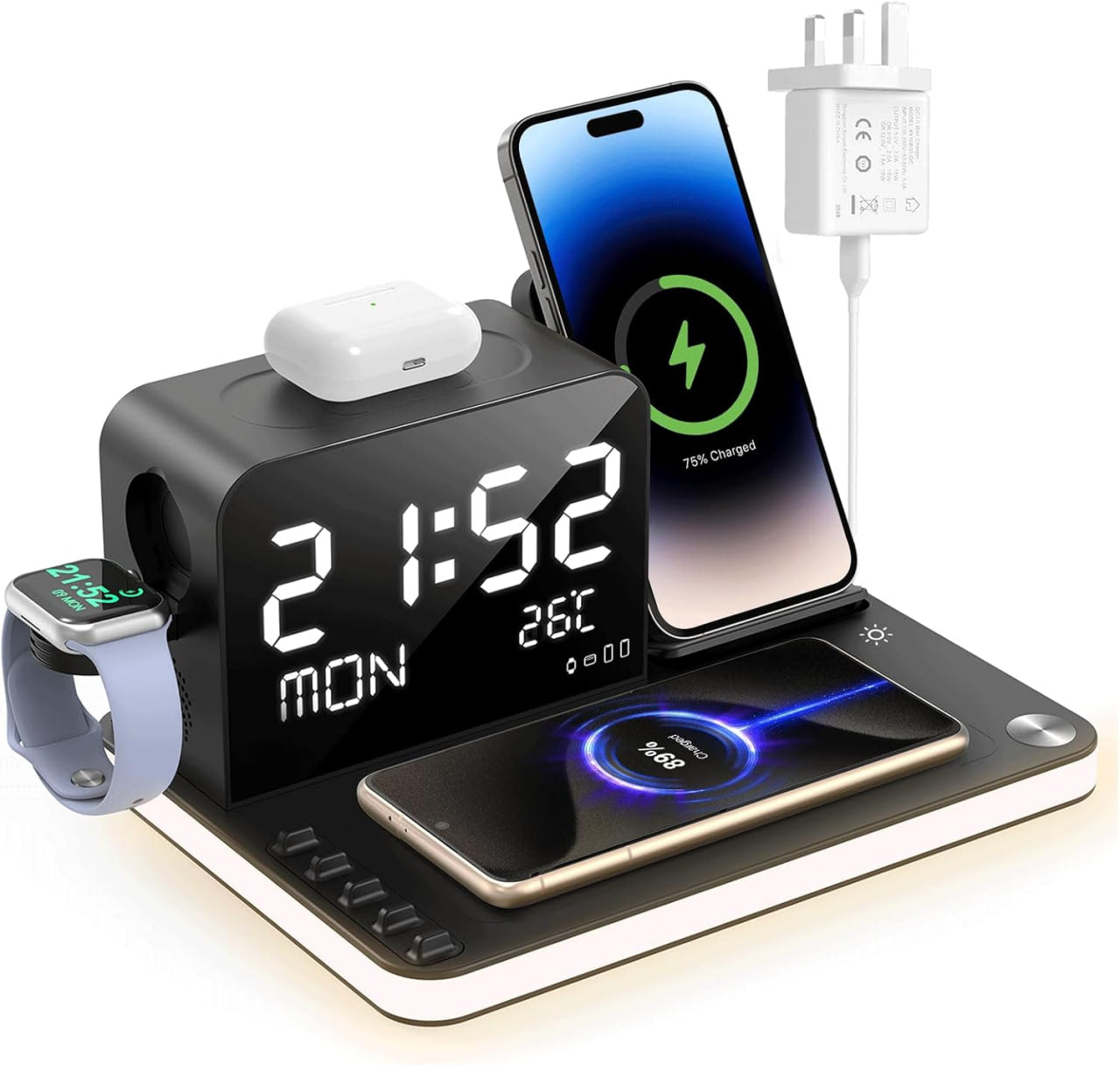 7-in-1 Wireless Charging Station with Clock and Night Light